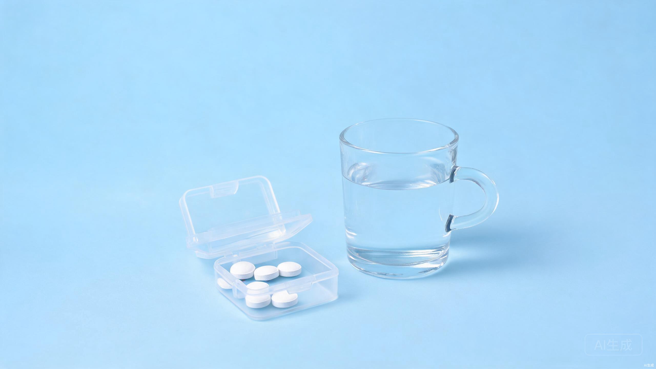 白色口服药片放在透明药盒里，旁边有一杯温水