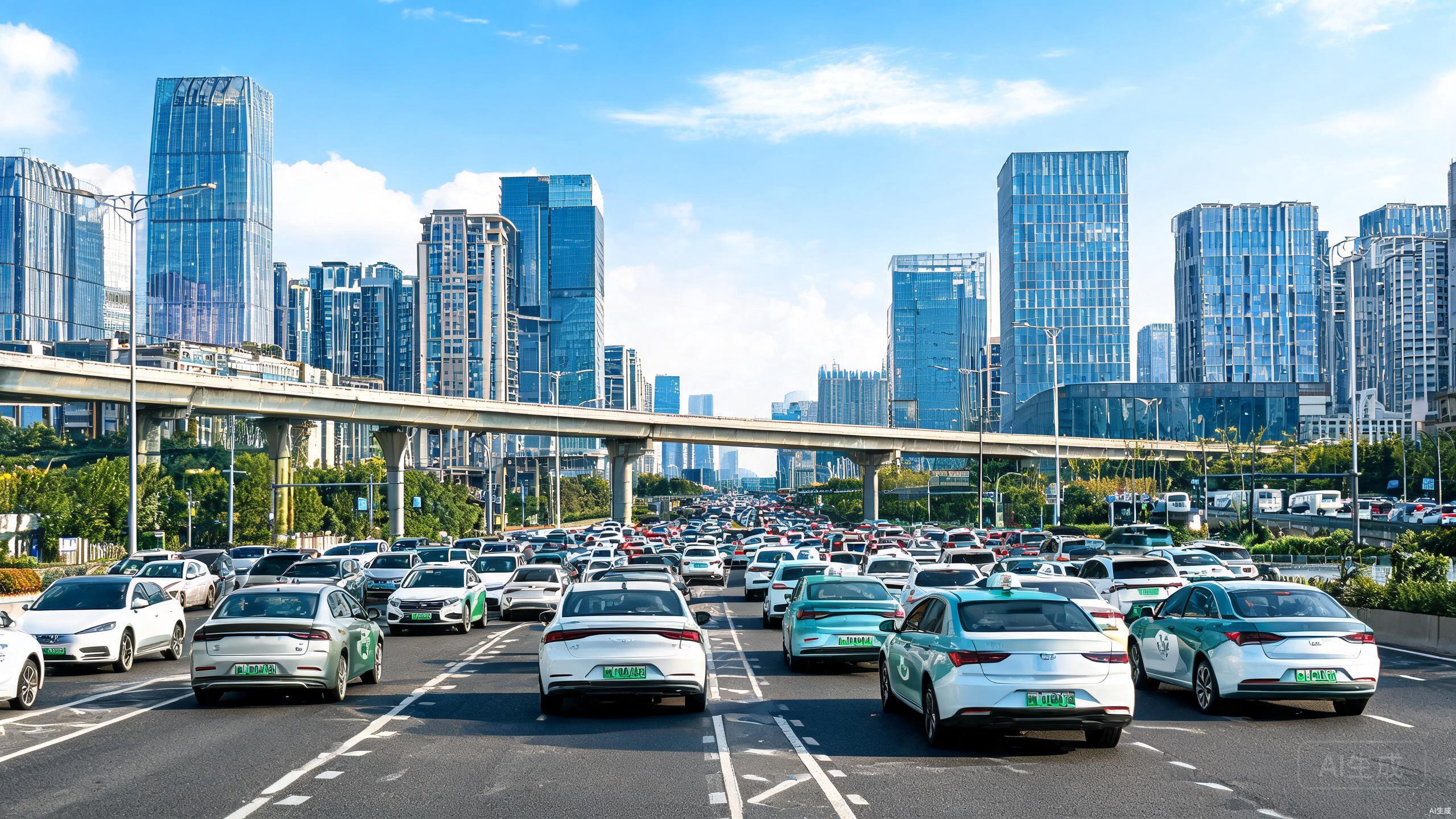 城市道路上行驶的新能源汽车车流