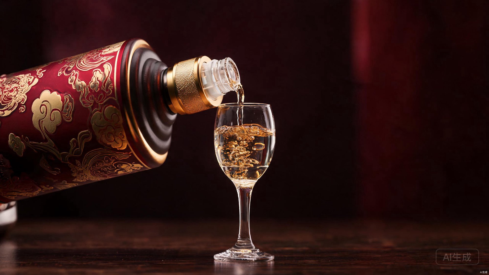 高端白酒倒酒特写,金色酒液